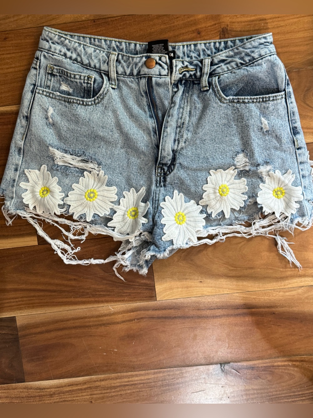 Fashion Nova Light Blue Denim Daisy Appliqué Distressed Shorts